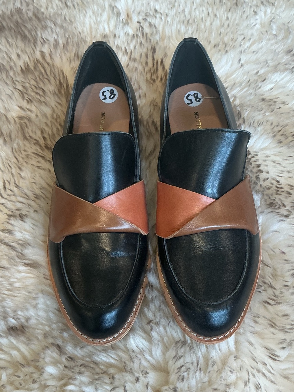 Women's All Black Leather Shoes with Brown Accent